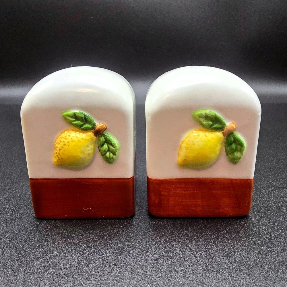 Vintage Ceramic Lemon Salt and Pepper Shakers Set White Brown Farmhouse Kitchen